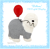 Old English Sheepdog holding a balloon.